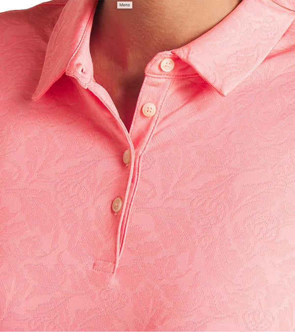 Puma MATTR Lianas Jacquard Womens Golf Polo in Peach Frost -closeup of collar and 4 button placket