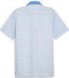 Puma Mens AP MATTR Iced Tea Golf Polo Shirt - back in Blue Skies 
 with a unique, intricate iced tea graphic set pattern of diagonal rows of tiny ice tea glasses with a slice of lemon and a straw to create an all over pattern effect.
