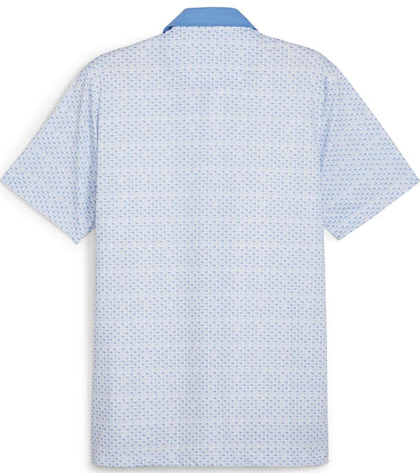 Puma Mens AP MATTR Iced Tea Golf Polo Shirt - back in Blue Skies 
 with a unique, intricate iced tea graphic set pattern of diagonal rows of tiny ice tea glasses with a slice of lemon and a straw to create an all over pattern effect.
