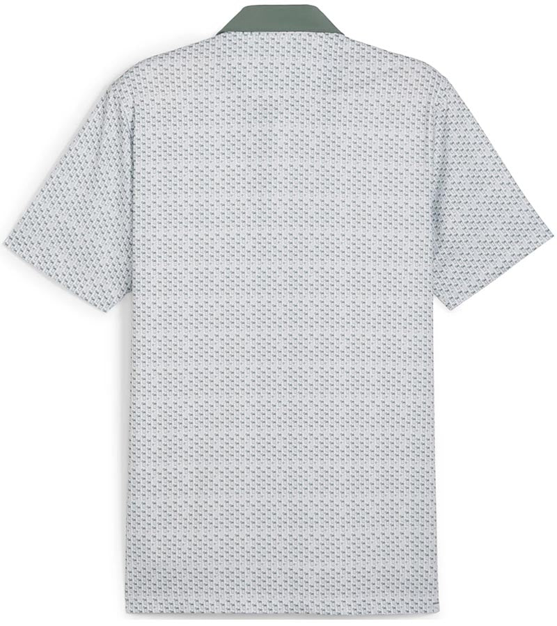 Puma Mens AP MATTR Iced Tea Golf Polo Shirt - back in Eucalyptus with a unique, intricate iced tea graphic set pattern of diagonal rows of tiny ice tea glasses with a slice of lemon and a straw to create an all over pattern effect.