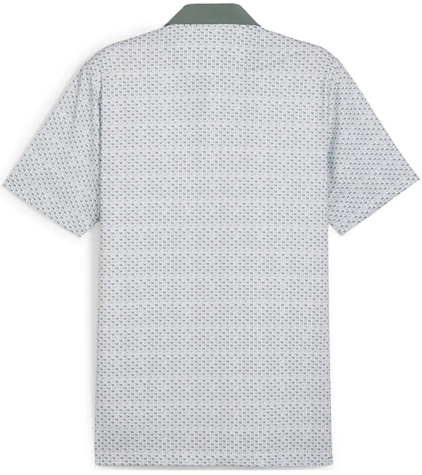 Puma Mens AP MATTR Iced Tea Golf Polo Shirt - back in Eucalyptus with a unique, intricate iced tea graphic set pattern of diagonal rows of tiny ice tea glasses with a slice of lemon and a straw to create an all over pattern effect.