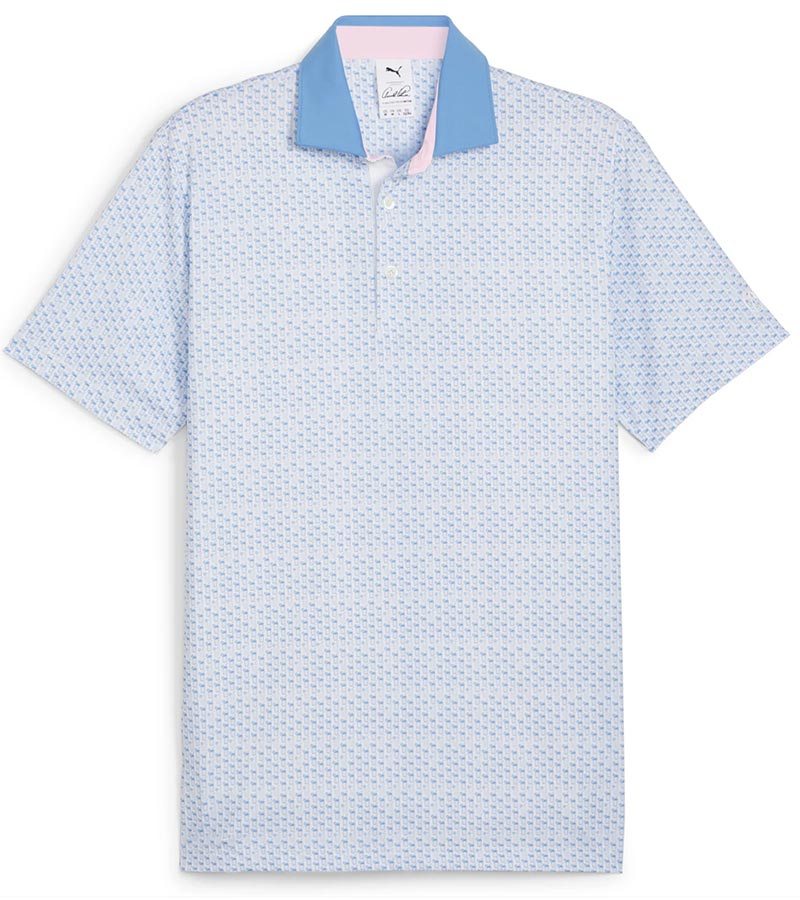 Puma Mens AP MATTR Iced Tea Golf Polo Shirt - front in Blue Skies 
 with a unique, intricate iced tea graphic set pattern of diagonal rows of tiny ice tea glasses with a slice of lemon and a straw to create an all over pattern effect.