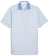 Puma Mens AP MATTR Iced Tea Golf Polo Shirt - front in Blue Skies 
 with a unique, intricate iced tea graphic set pattern of diagonal rows of tiny ice tea glasses with a slice of lemon and a straw to create an all over pattern effect.