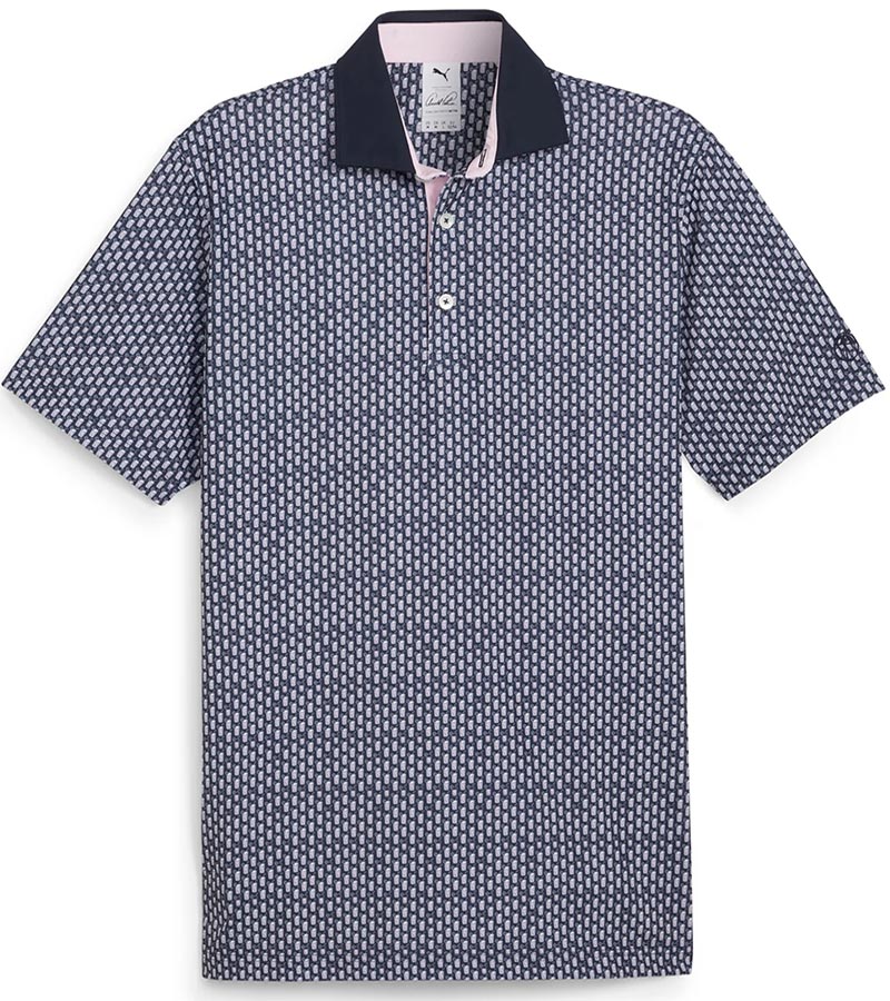 Puma Mens AP MATTR Iced Tea Golf Polo Shirt front in Deep Navy with a unique, intricate iced tea graphic set pattern of diagonal rows of tiny ice tea glasses with a slice of lemon and a straw to create an all over pattern effect.