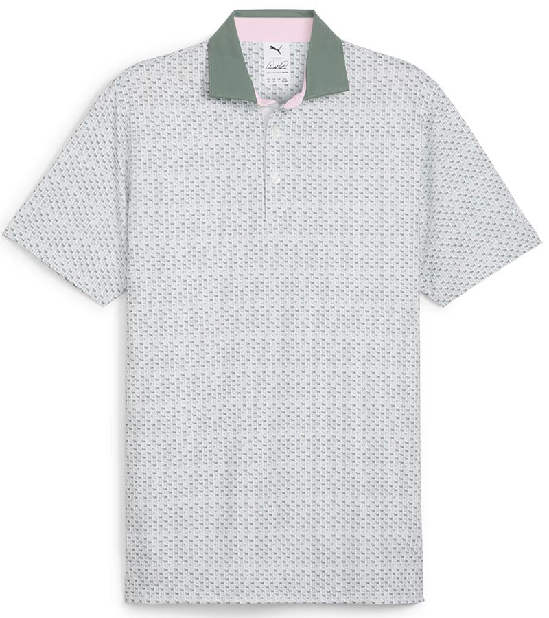 Puma Mens AP MATTR Iced Tea Golf Polo Shirt - front in Eucalyptus with a unique, intricate iced tea graphic set pattern of diagonal rows of tiny ice tea glasses with a slice of lemon and a straw to create an all over pattern effect.