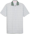 Puma Mens AP MATTR Iced Tea Golf Polo Shirt - front in Eucalyptus with a unique, intricate iced tea graphic set pattern of diagonal rows of tiny ice tea glasses with a slice of lemon and a straw to create an all over pattern effect.