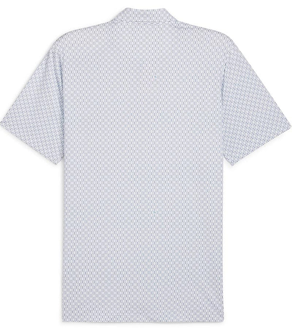 Puma Mens AP Citrus Golf Polo Shirt -back in White Glow / Deep Navy with a simple all-over linear geometric pattern. Has a contrast pink color on the inside of the collar as well as the inside of the 3 button placket that elevates the overall crisp look.