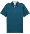 Puma Mens AP Citrus Golf Polo Shirt -Front in Cold Green / Pale Pink  with a simple all-over linear geometric pattern. Has a contrast pink color on the inside  of the collar as well as the inside of the 3 button placket that elevates the overall crisp look.