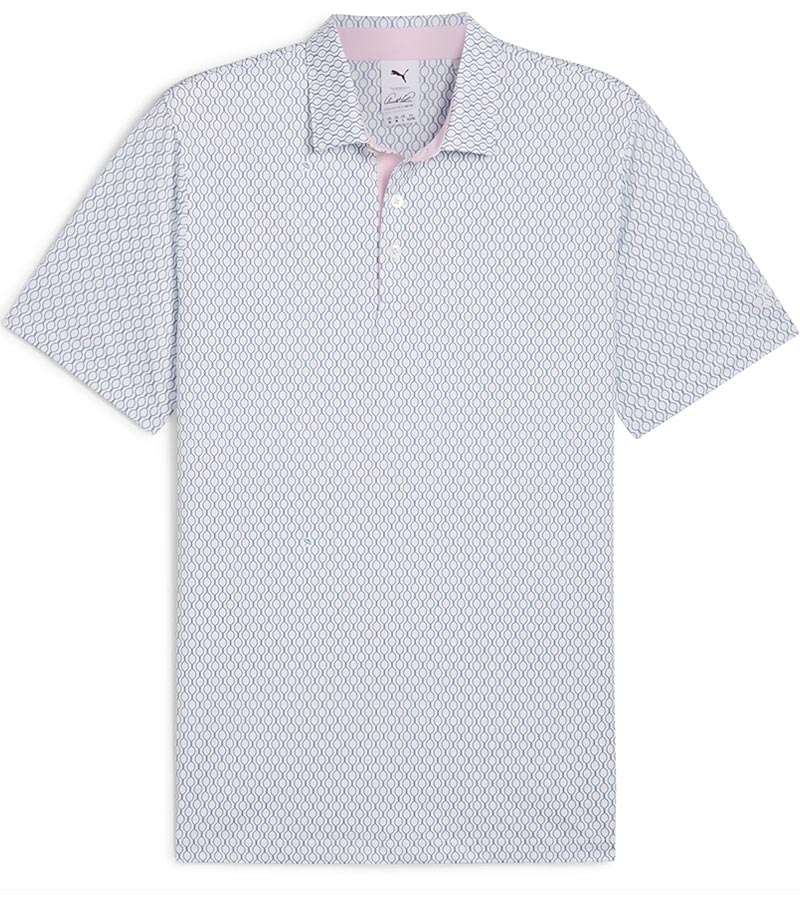 Puma Mens AP Citrus Golf Polo Shirt -Front in White Glow / Deep Navy with a simple all-over linear geometric pattern. Has a contrast pink color on the inside collar as well as the inside of the 3 button placket that elevates the overall crisp look