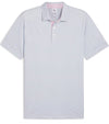 Puma Mens AP Citrus Golf Polo Shirt -Front in White Glow / Deep Navy with a simple all-over linear geometric pattern. Has a contrast pink color on the inside collar as well as the inside of the 3 button placket that elevates the overall crisp look