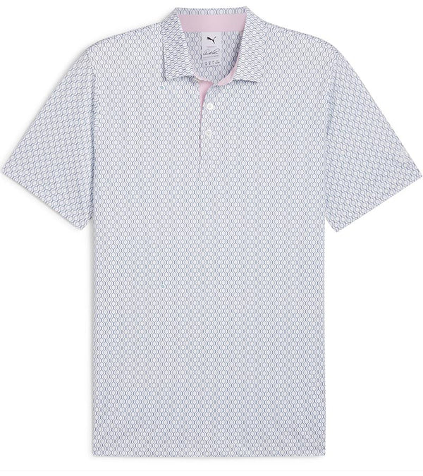 Puma Mens AP Citrus Golf Polo Shirt -Front in White Glow / Deep Navy with a simple all-over linear geometric pattern. Has a contrast pink color on the inside collar as well as the inside of the 3 button placket that elevates the overall crisp look