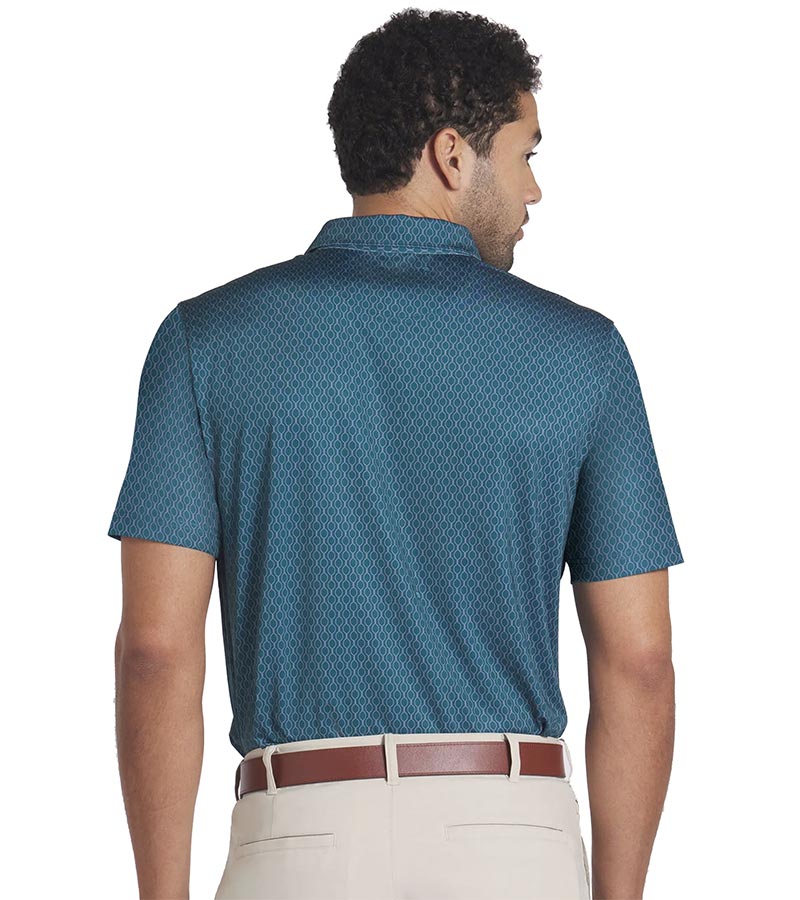 Puma Mens AP Citrus Golf Polo Shirt Model -back in Cold Green / Pale Pink  with a simple all-over linear geometric pattern. Has a contrast pink color on the inside of the collar as well as  the inside of the 3 button placket that elevates the overall crisp look.