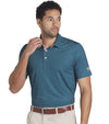 Puma Mens AP Citrus Golf Polo Shirt Model Front in Cold Green / Pale Pink  with a simple all-over linear geometric pattern. Has a contrast pink color on the inside of the collar as well as the inside of the 3 button placket that elevates the overall crisp look.