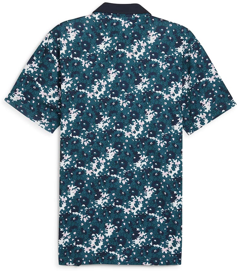 Puma Mens AP Floral Golf Polo Shirt Back  in Cold Green with a vibrant all over abstract floral. The collar is a solid coordinating color with a lighter contrast color for the inner collar and the 3 button inner placket.