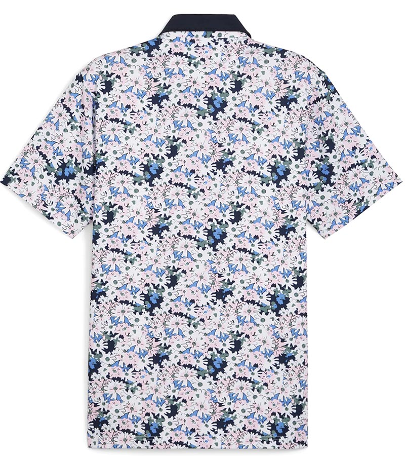 Puma Mens AP Floral Golf Polo Shirt - back in White Glow / Deep Navy with a vibrant all-over abstract floral. The collar is a solid coordinating color with a lighter contrast color for the inner collar and the 3 button inner placket.