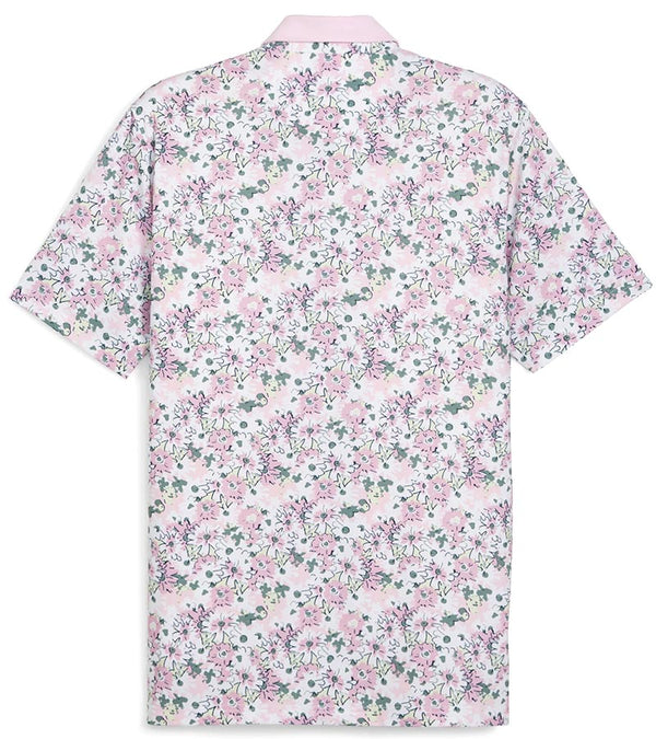 Puma Mens AP Floral Golf Polo Shirt -back in White Glow / Pale Pink with a vibrant all over abstract floral. The collar is the solid coordinating color with a lighter contrast color for the inner collar and the 3 button inner placket.