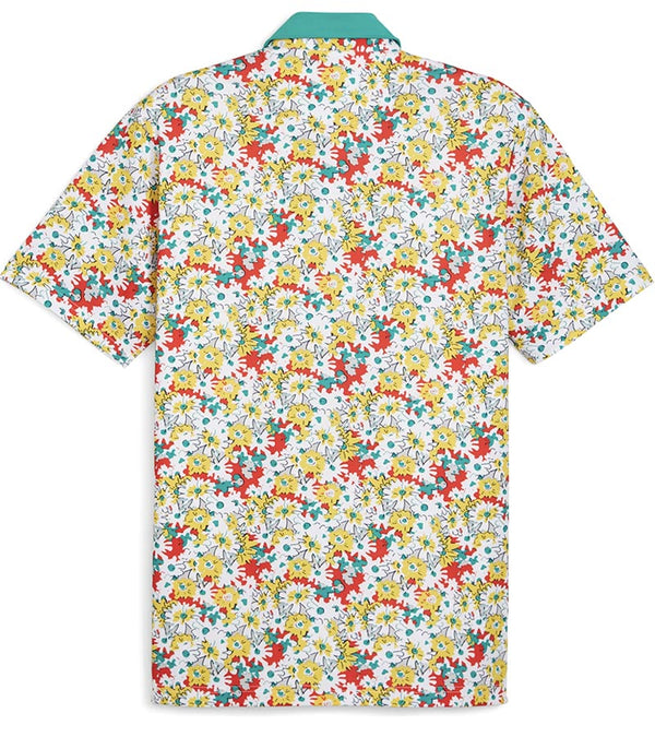 Puma Mens AP Floral Polo Shirt -back in  White Glow / Pele Yellow with a vibrant all over abstract floral. The collar is the solid coordinating color with a lighter contrast color for the inner collar and the 3 button inner placket.