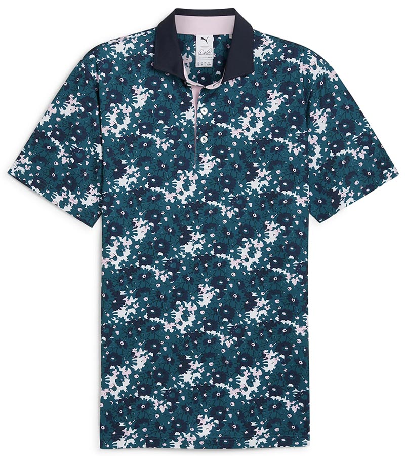 Puma Mens AP Floral Golf Polo Shirt - front in Cold Green with a vibrant all over abstract floral. The collar is a solid coordinating color with a lighter contrast color for the inner collar and the 3 button inner placket.