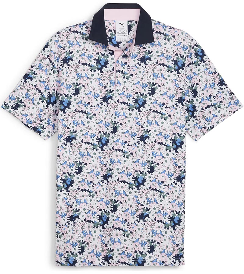 Puma Mens AP Floral Golf Polo Shirt Front in White Glow / Deep Navy with a vibrant all-over abstract floral. The collar is a solid coordinating color with a lighter contrast color for the inner collar and the 3 button inner placket.
