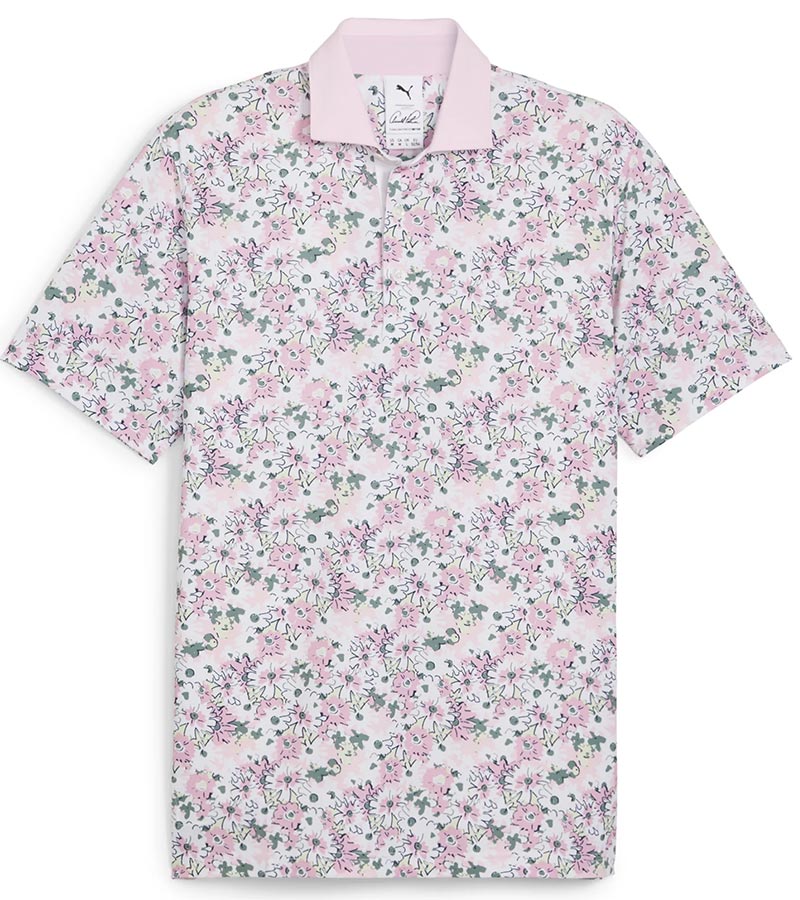 Puma Mens AP Floral Golf Polo Shirt Front in White Glow / Pale Pink with a vibrant all over abstract floral. The collar is the solid coordinating color with a lighter contrast color for the inner collar and the 3 button inner placket.