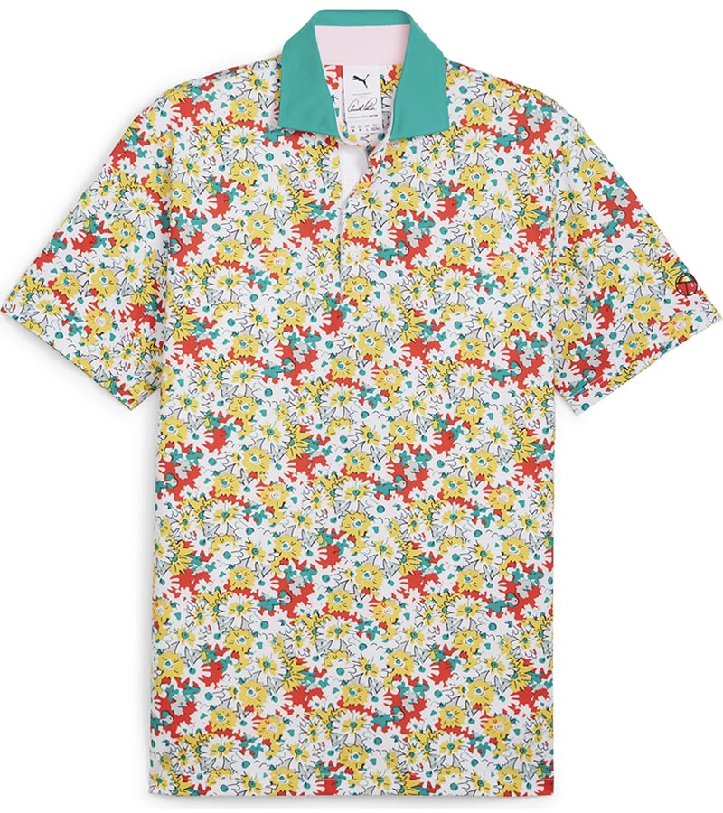 Puma Mens AP Floral Polo Shirt - Front in  White Glow / Pele Yellow with a vibrant all over abstract floral. The collar is the solid coordinating color with a lighter contrast color for the inner collar and the 3 button inner placket.