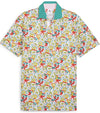 Puma Mens AP Floral Polo Shirt - Front in  White Glow / Pele Yellow with a vibrant all over abstract floral. The collar is the solid coordinating color with a lighter contrast color for the inner collar and the 3 button inner placket.