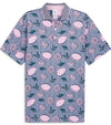 Puma Mens AP Pink Lemonade Polo Shirt - Front in Deep Navy is a fun conversational print with leaves and tossed full and sliced lemons pieces floating on a tiny dot background. The collar is a solid coordinating color with white piping at the edges with a related light color for the inner collar and the 3 button inner placket.