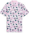 Puma Mens AP Pink Lemonade Golf Polo Shirt Front in Pale Pink is a fun conversational print with leaves and tossed full and sliced lemons pieces floating on a tiny dot background. The collar is a solid coordinating color with white piping at the edges with a related light color for the inner collar and the 3 button inner placket.