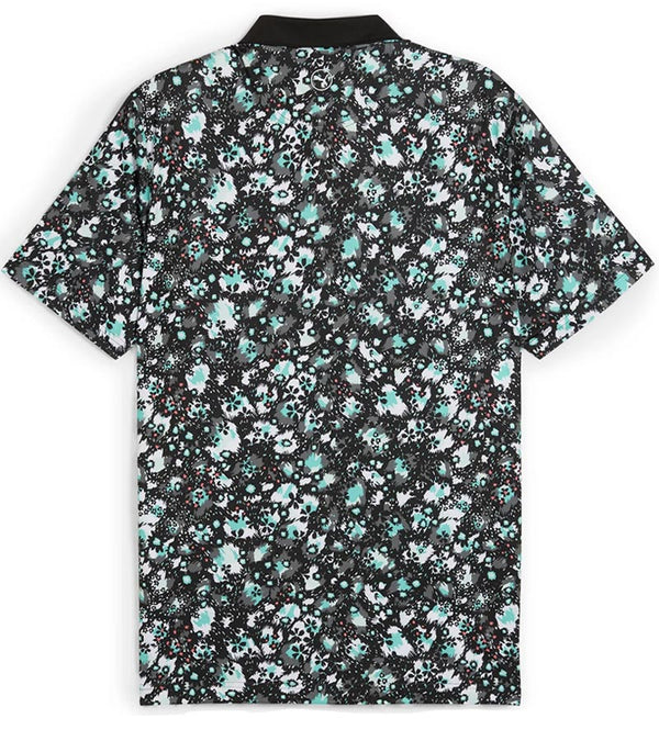 Puma Mens CLOUDSPUN Abstract Camo Golf Polo Shirt Back in Puma Black / Aquatic with an all over abstract floral camo pattern with a black collar and pink coral accent on the inner collar and 3 button placket.