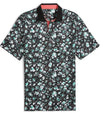 Puma Mens CLOUDSPUN Abstract Camo Golf Polo Shirt Front in Puma Black / Aquatic with an all over abstract floral camo pattern with a black collar and pink coral accent on the inner collar and 3 button placket.