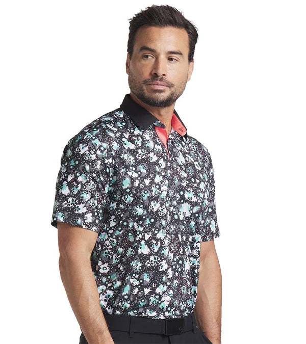 Puma Mens CLOUDSPUN Abstract Camo Golf Polo Shirt Model Front in Puma Black / Aquatic with an all over abstract floral camo pattern with a black collar and pink coral accent on the inner collar and 3 button placket.