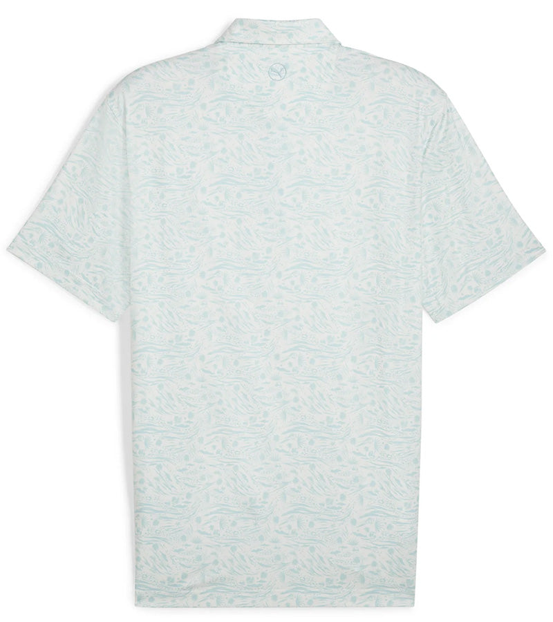 Puma Mens CLOUDSPUN Watering Hole Golf Polo Shirt Back in Warm White / Silver Sky with a small all over print of scattered plants. There is a 3 button placket. Inner collar and placket are a solid Silver Sky co-ordinating color
