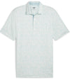 Puma Mens CLOUDSPUN Watering Hole Golf Polo Shirt Front in Warm White / Silver Sky with a small all over print of scattered plants. There is a 3 button placket. Inner collar and placket are a solid Silver Sky co-ordinating color.
