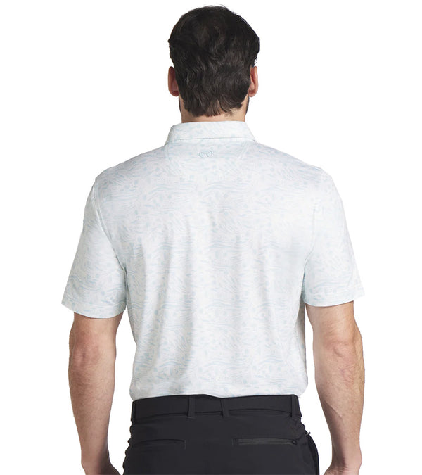 Puma Mens CLOUDSPUN Watering Hole Golf Polo Shirt Model - Back in Warm White / Silver Sky with a small all over print of scattered plants. There is a 3 button placket. Inner collar and placket are a solid Silver Sky co-ordinating color.
