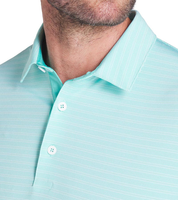 Puma Mens MATTR Bay Golf Polo Model Front in Aquatic / Peaceful Blue with simple thin stripes in two different colors.  Close-up of the collar and 3-button placket lined with teal