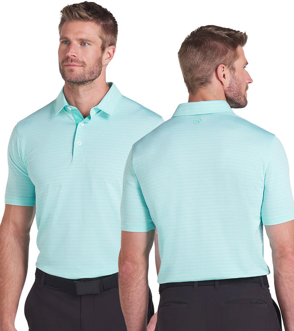 Puma Mens MATTR Bay Golf Polo Model Front in Aquatic / Peaceful Blue with simple thin stripes in two different colors. and a 3 button placket .  Front and vack views with a partial model.