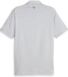 Puma Mens MATTR Bay Golf Polo Back in Ash Gray / Navy Blazer with simple thin stripes in different colors and logo at top.