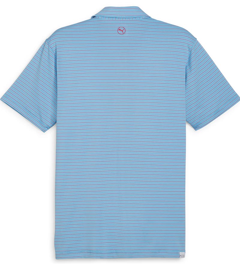 Puma Mens MATTR Bay Golf Polo back in Garnet Rose / Aqua Blue with simple thin stripes in different colors. Logo at top