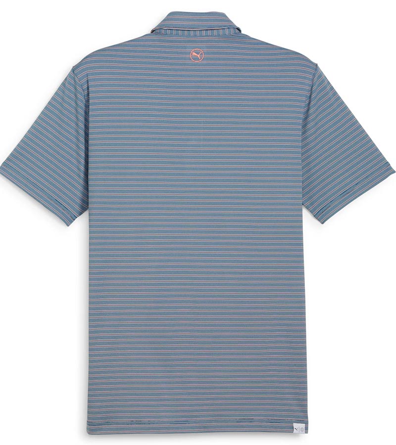 Puma Mens MATTR Bay Golf Polo back in Ocean Tropic with simple thin stripes in different colors and logo at top.