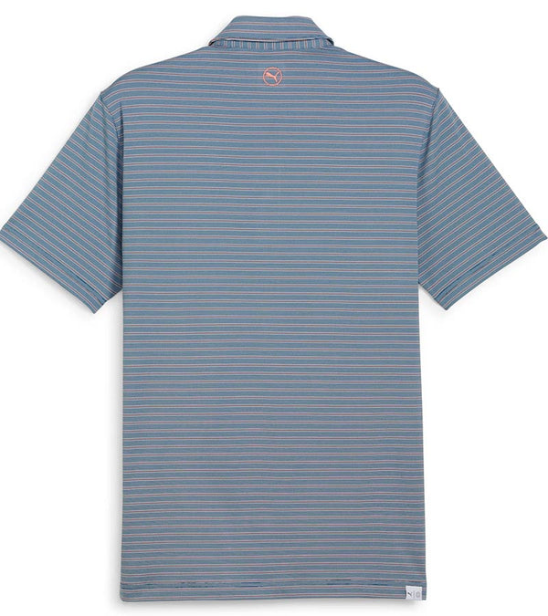 Puma Mens MATTR Bay Golf Polo back in Ocean Tropic with simple thin stripes in different colors and logo at top.