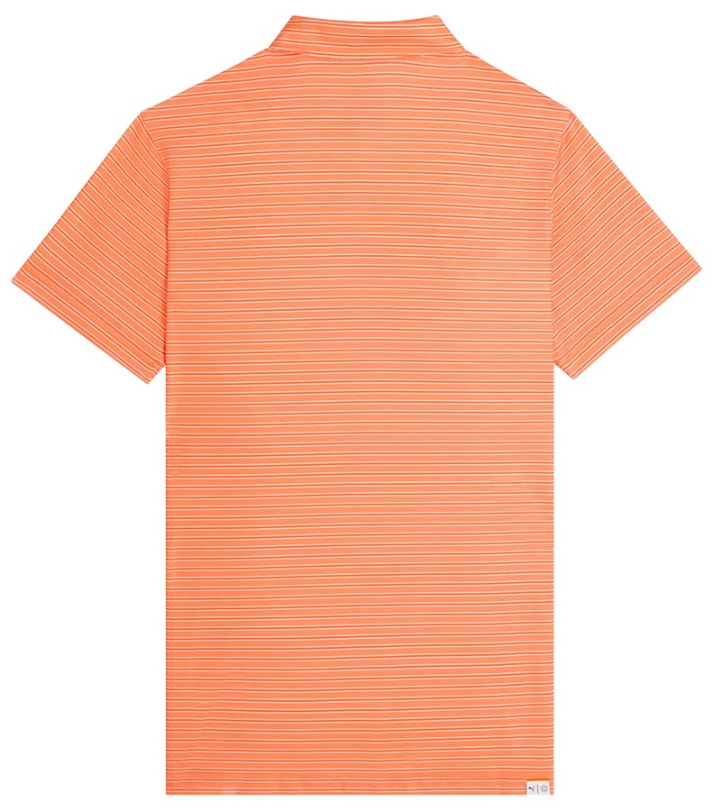 Puma Mens MATTR Bay Golf Polo bain White Glow / Rickie Orange with simple thin stripes in different colors and logo at top.