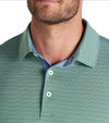 Puma Mens MATTR Bay Golf Polo closeup of collar in Vine / Zen Blue with simple thin stripes in different colors and contrast button placket lining at the collar.