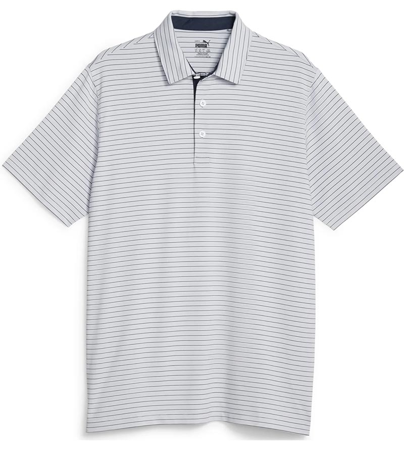 Puma Mens MATTR Bay Golf Polo Front in Ash Gray / Navy Blazer with simple thin stripes in different colors and contrast button placket lining at the collar.