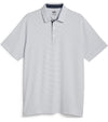 Puma Mens MATTR Bay Golf Polo Front in Ash Gray / Navy Blazer with simple thin stripes in different colors and contrast button placket lining at the collar.