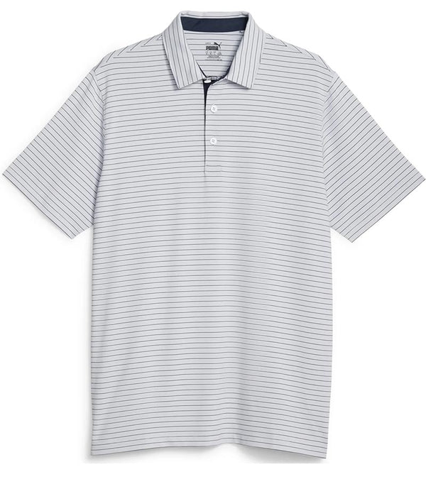 Puma Mens MATTR Bay Golf Polo Front in Ash Gray / Navy Blazer with simple thin stripes in different colors and contrast button placket lining at the collar.