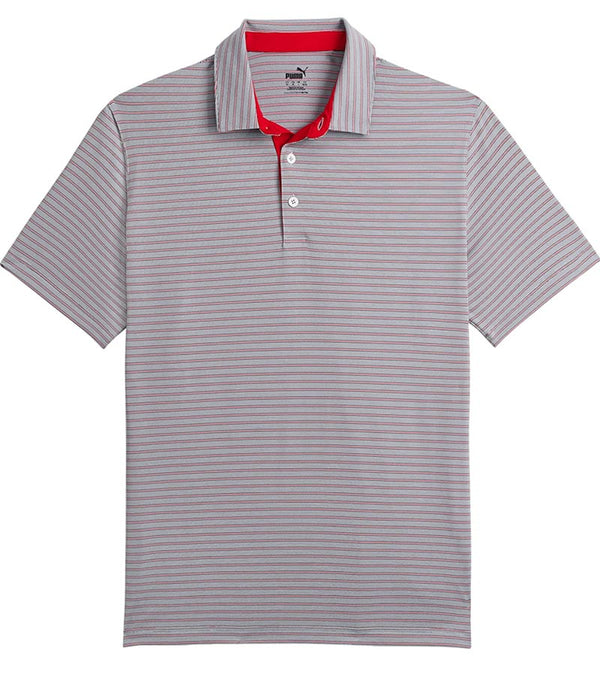 Puma Mens MATTR Bay Golf Polo front in Canada Red with simple thin stripes in different colors and contrast button placket lining at the collar.