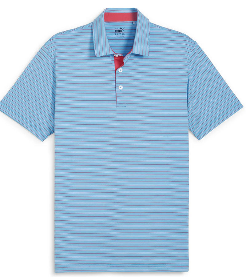 Puma Mens MATTR Bay Golf Polo Front in Garnet Rose / Aqua Blue with simple thin stripes in different colors and contrast button placket lining at the collar.