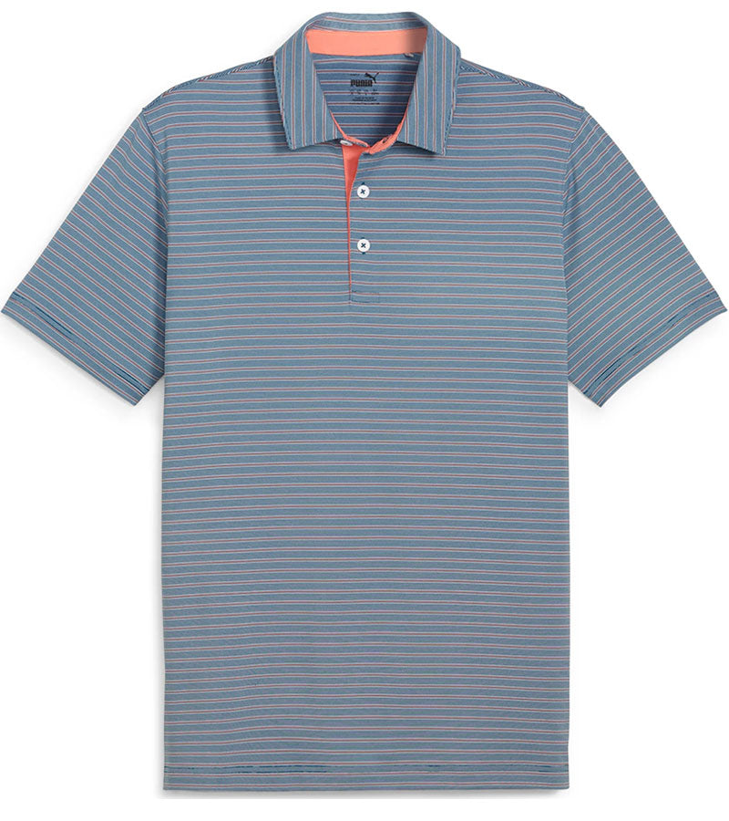 Puma Mens MATTR Bay Golf Polo front in Ocean Tropic with simple thin stripes in different colors and contrast button placket lining at the collar.