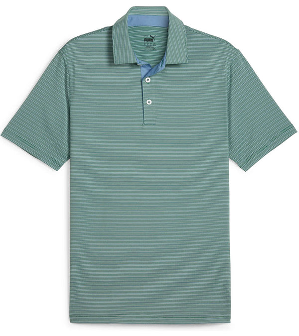 Puma Mens MATTR Bay Golf Polo front in Vine / Zen Blue with simple thin stripes in different colors and contrast button placket lining at the collar.