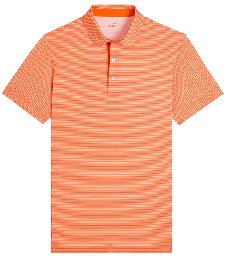 Puma Mens MATTR Bay Golf Polo Front in White Glow / Rickie Orange with simple thin stripes in different colors and contrast button placket lining at the collar.